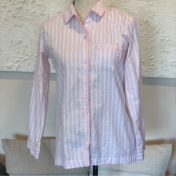 Victoria’s Secret Pink Silver Striped Pajama Buttom Down Shirt Flannel Sz XS NWT - Picture 1 of 7